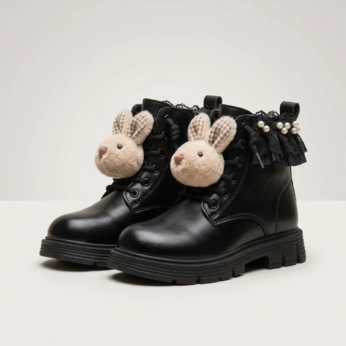 Borcego Niña Accesorio Osito Nena Cordones Ecocuero Beige Negro Importado