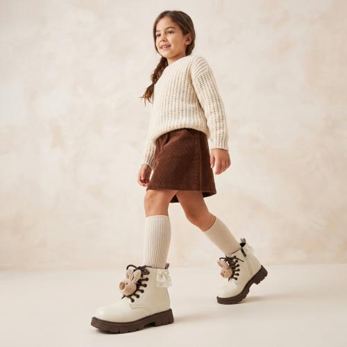 Borcego Niña Accesorio Osito Nena Cordones Ecocuero Beige Negro Importado