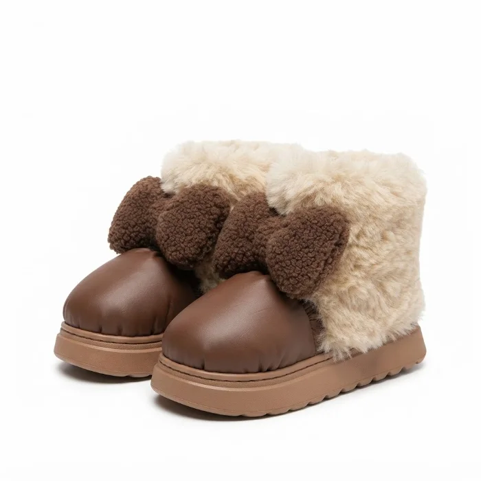 Pantuflas Importadas Mujer Peluche Livianas Botas Piel Dama Moño Negro Beige Chocolat