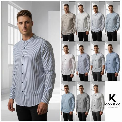 Camisa a Raya Cuello Mao Rigido Manga Larga