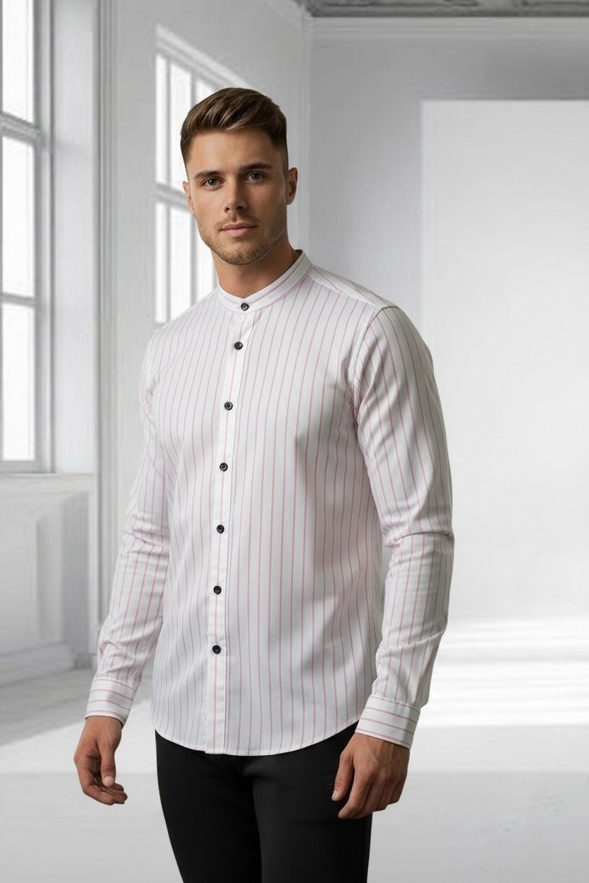 Camisa a Raya Cuello Mao Rigido Manga Larga - Imagen 2