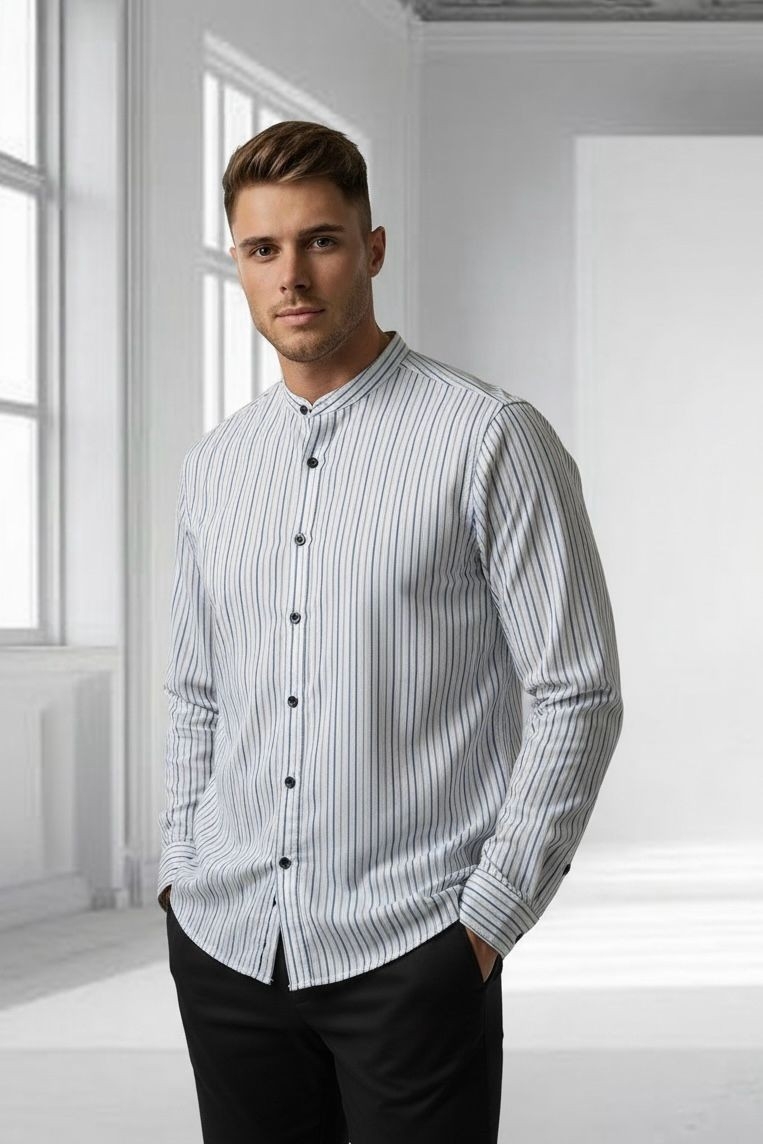 Camisa a Raya Cuello Mao Rigido Manga Larga - Imagen 3