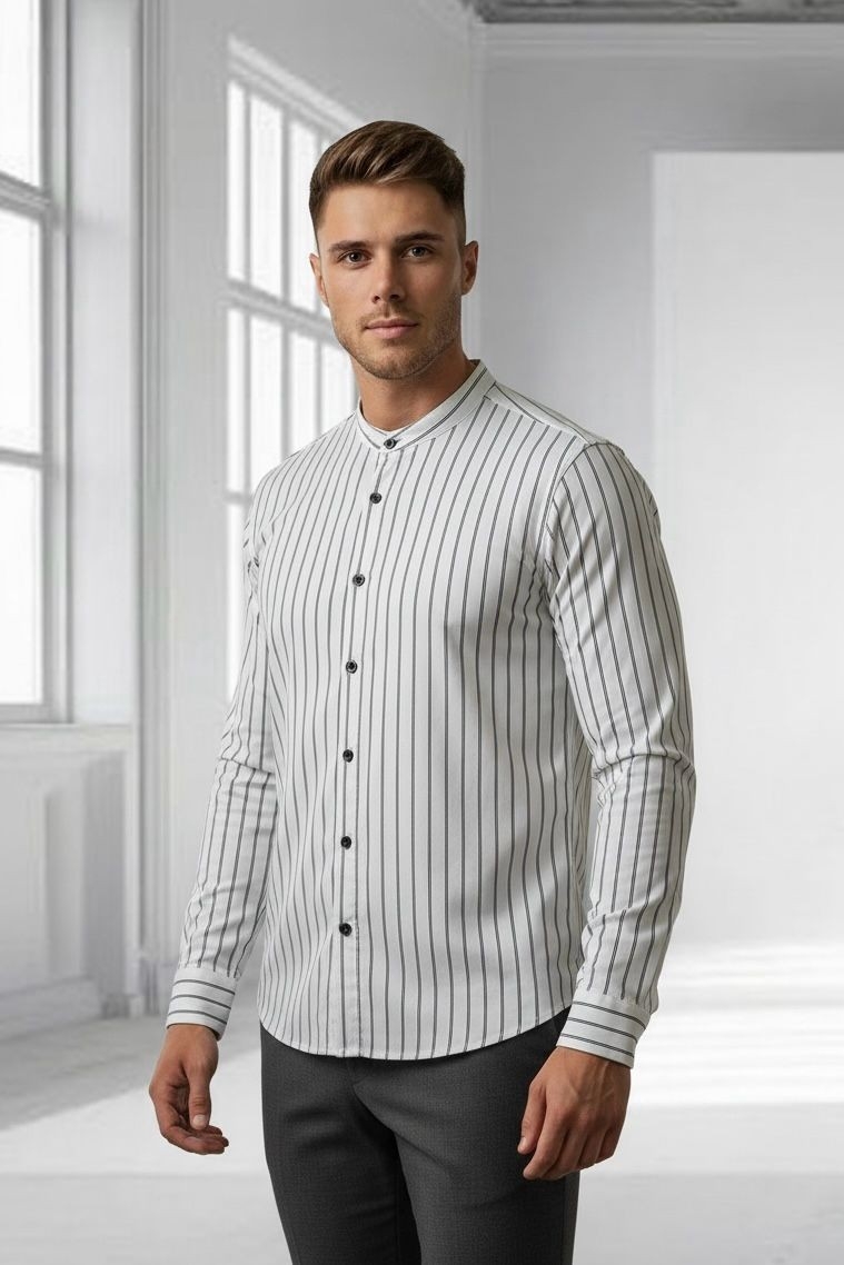 Camisa a Raya Cuello Mao Rigido Manga Larga - Imagen 9