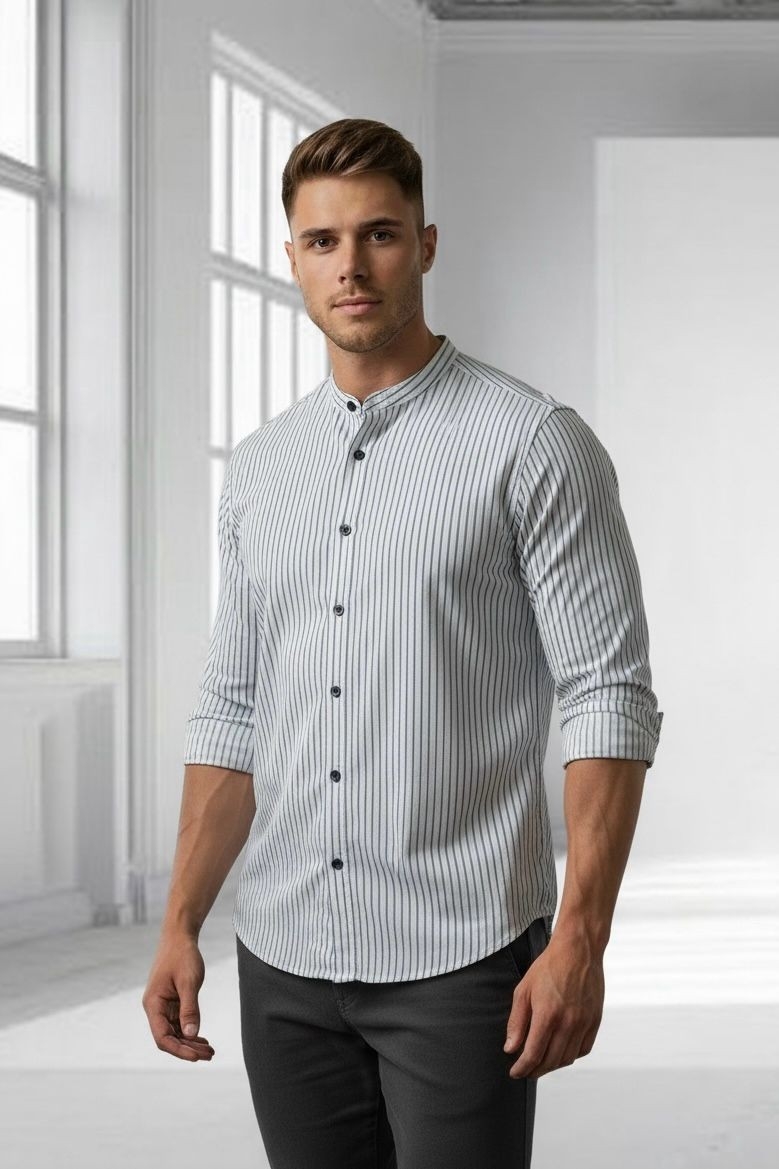 Camisa a Raya Cuello Mao Rigido Manga Larga - Imagen 2