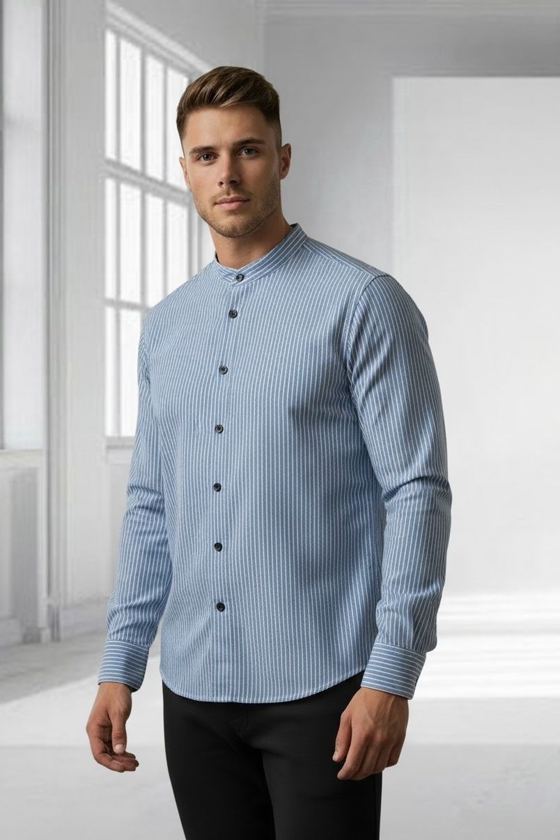 Camisa a Raya Cuello Mao Rigido Manga Larga - Imagen 3