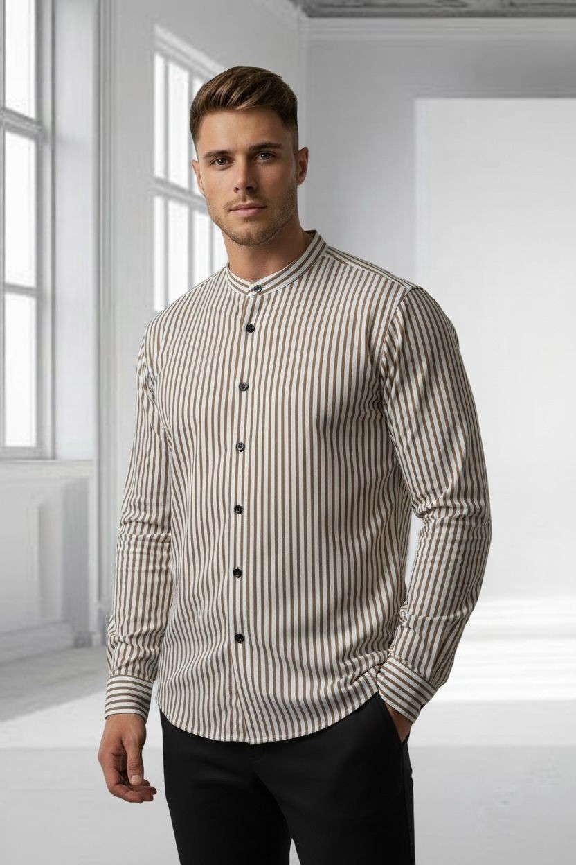 Camisa a Raya Cuello Mao Rigido Manga Larga - Imagen 5