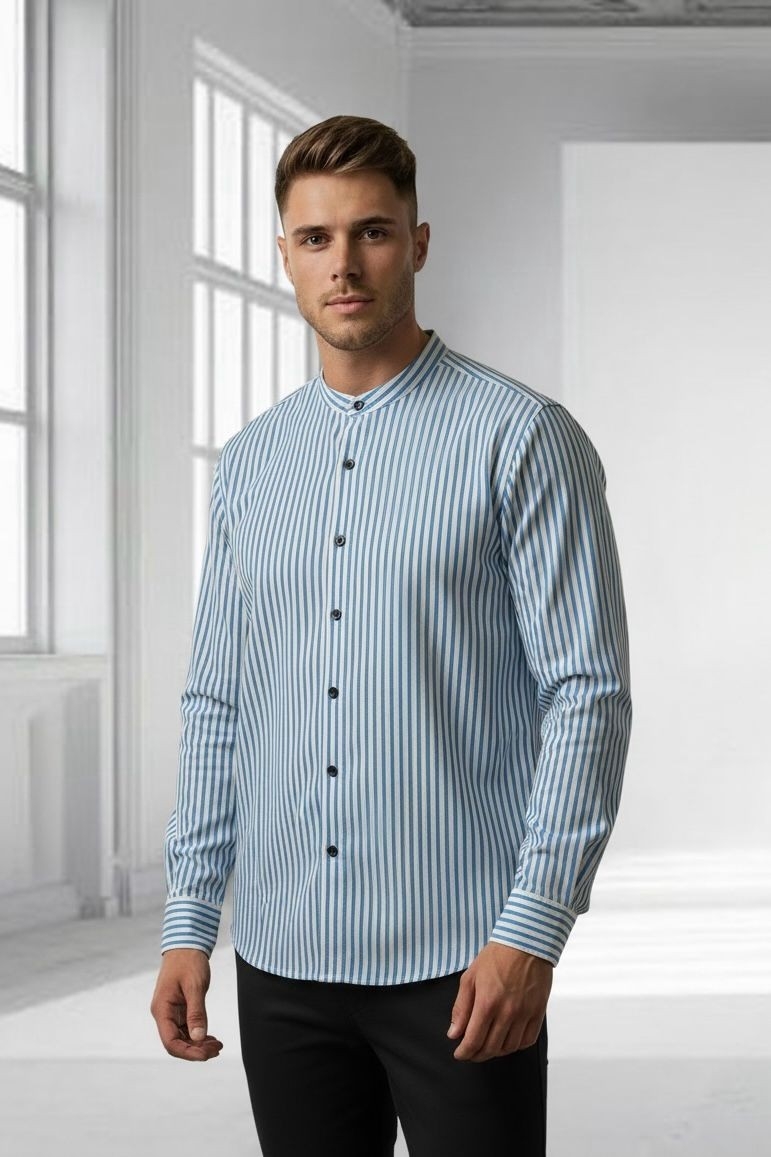 Camisa a Raya Cuello Mao Rigido Manga Larga - Imagen 6