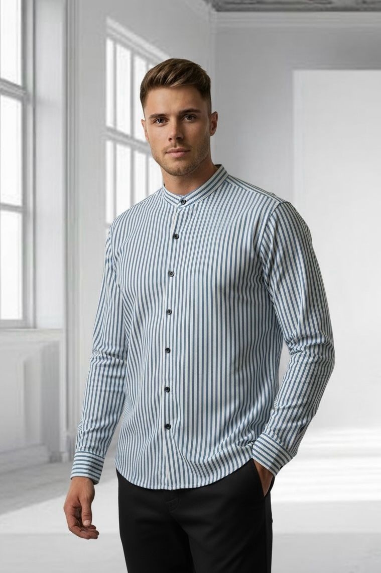 Camisa a Raya Cuello Mao Rigido Manga Larga - Imagen 7