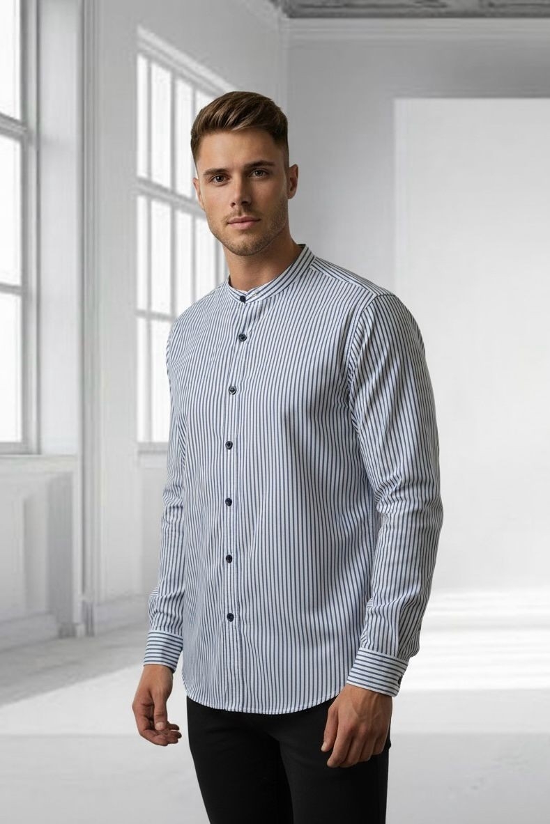 Camisa a Raya Cuello Mao Rigido Manga Larga - Imagen 7