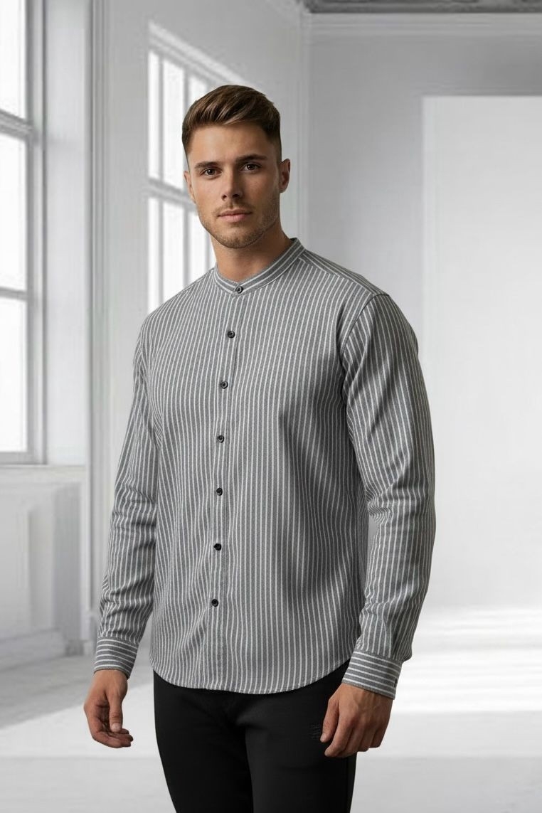 Camisa a Raya Cuello Mao Rigido Manga Larga - Imagen 4