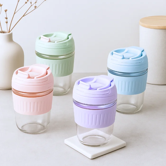 Vaso de Vidrio con Banda y Tapa de Silicona - Cod: Sbk-jgcp09