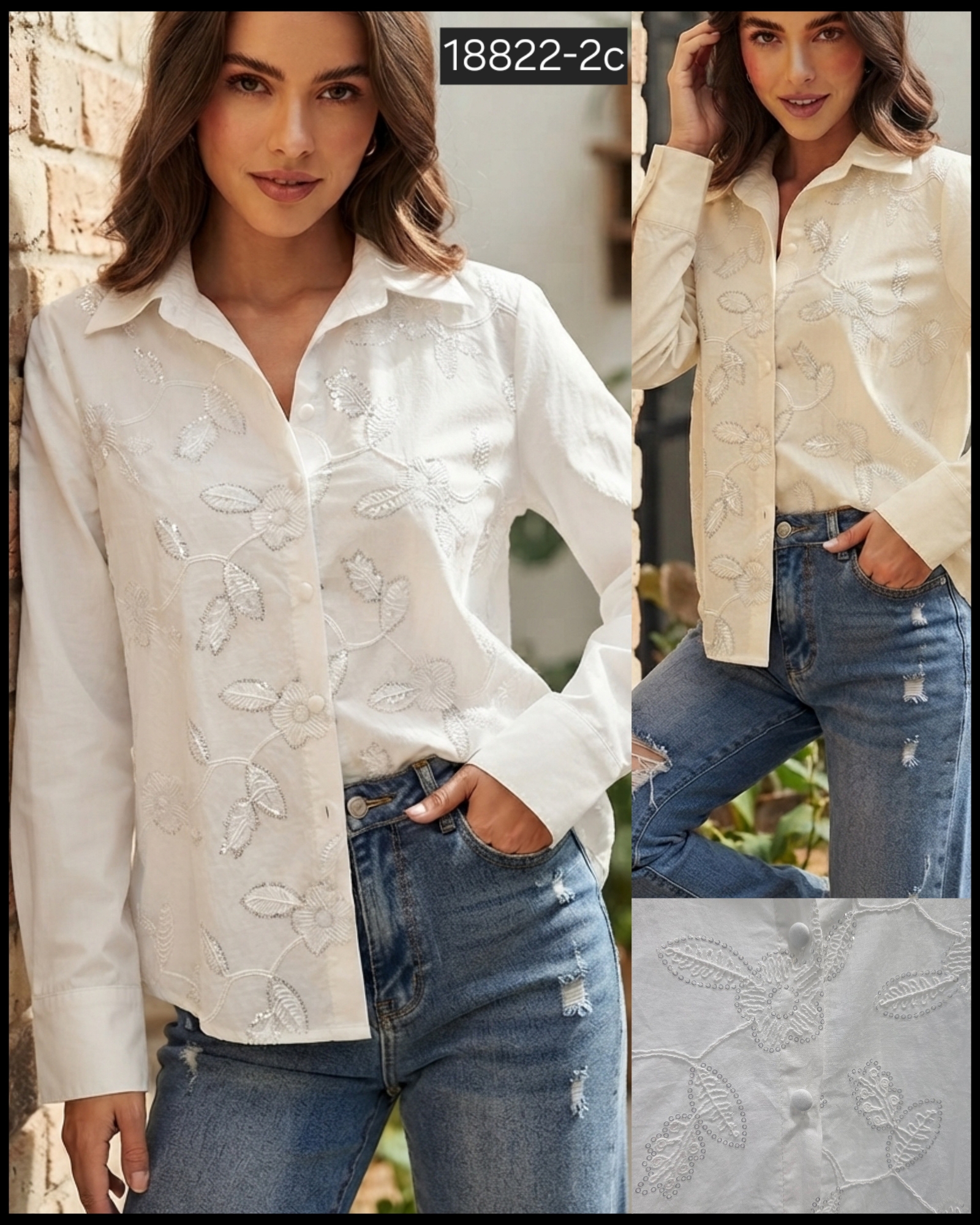 Camisa Manga Larga Bordado con Detalles en Lentejuela8822 - Imagen 1
