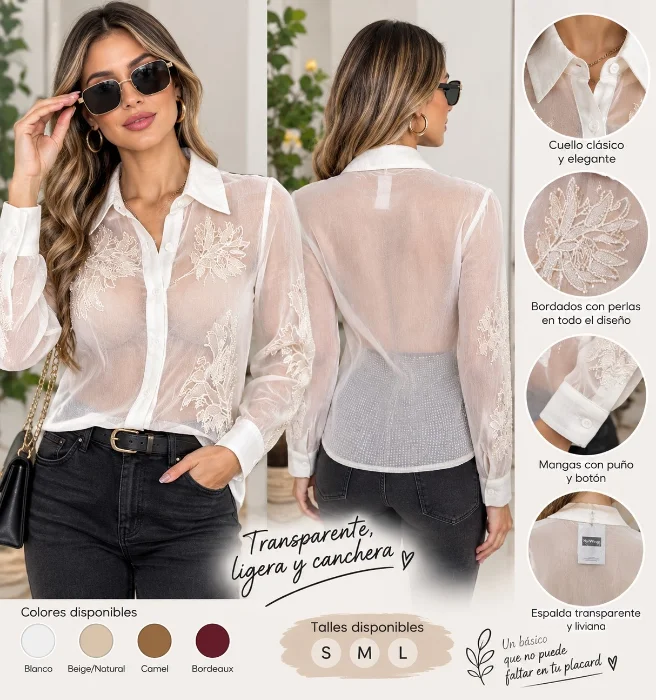 Camisa Gaza Importada Bordado con Lentejuelas, Canutillos
