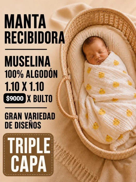 Mantas Recibidoras 
muselina
triple
100% Algodón
mide 1,10 X 1,10 Mts