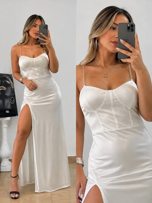 Vestido Cadena Tela Satén de Punto Elastizado