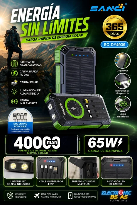 Powerbank Sanci Solar 40.000 Mah Carga Rápida y Carga Inalámbrica