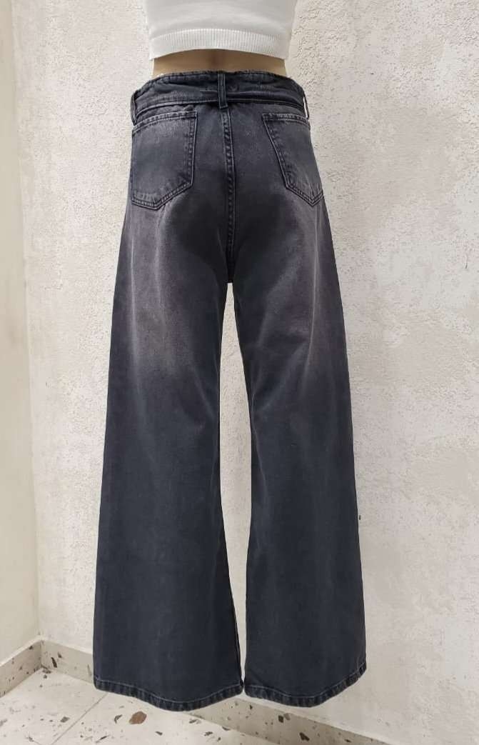 Jean Negro Localizado Cintura Doblada Denim Rigido - Imagen 2
