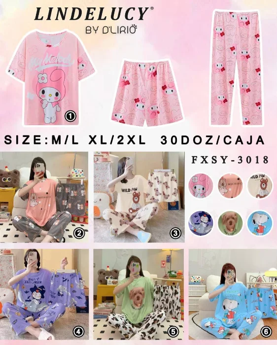 Pijamas 3 Piezas Remera, Pantalon y Short