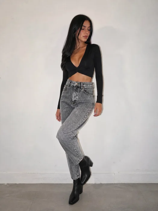 Jean Mom Clásico Dama Pantalón Ancho Semi Denim Mujer Moda Hotsale Mayoristas