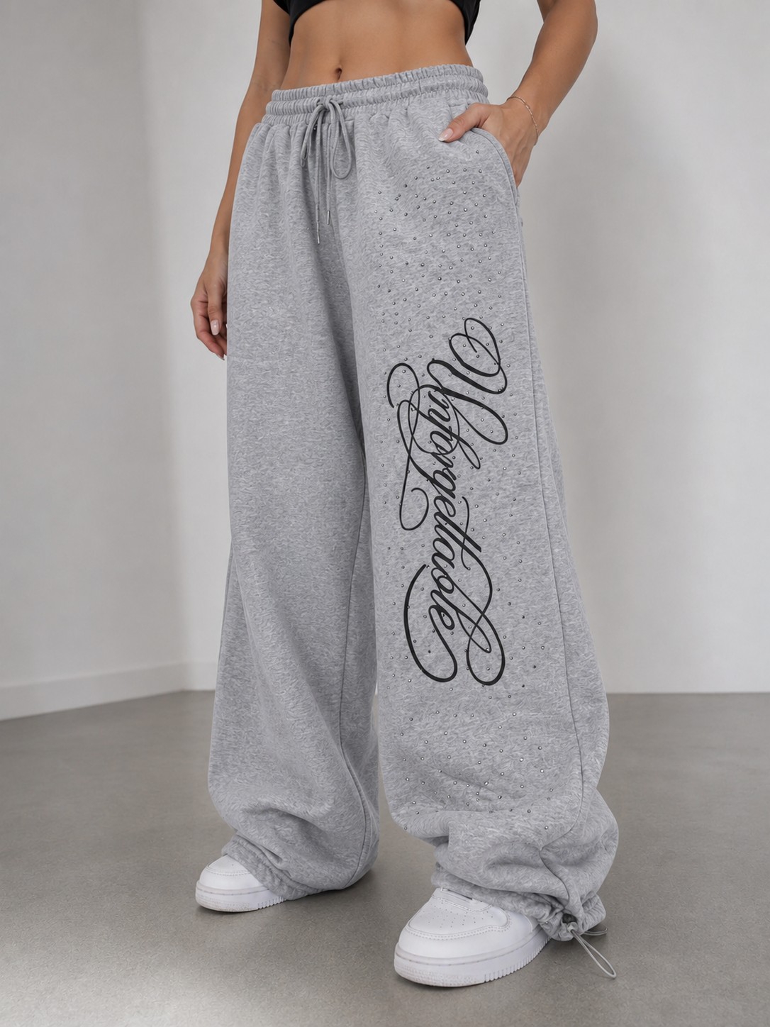 Baggy Unisex Grabado con Stras de Algodón Frisado con Regulador - Imagen 2