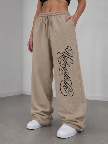 Baggy Unisex Grabado con Stras de Algodón Frisado con Regulador
