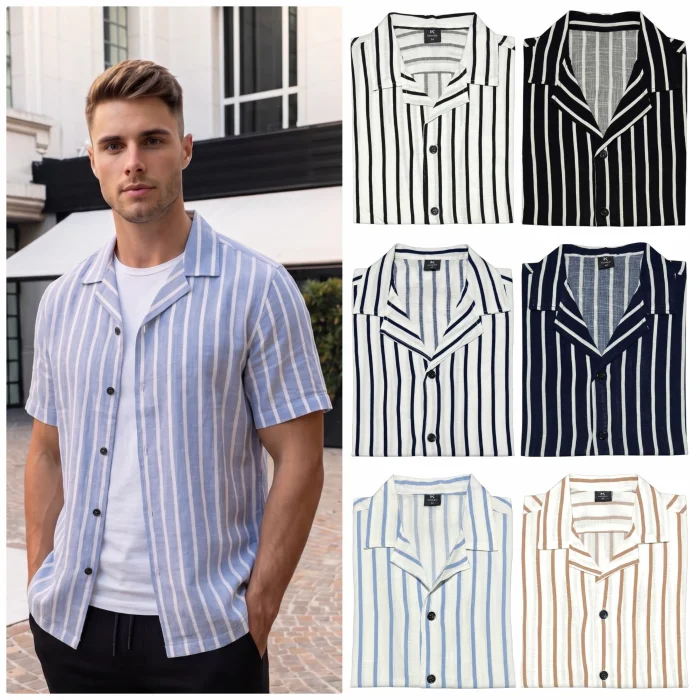 Camisa a Raya Cuello Cubano de Lino Elastizado