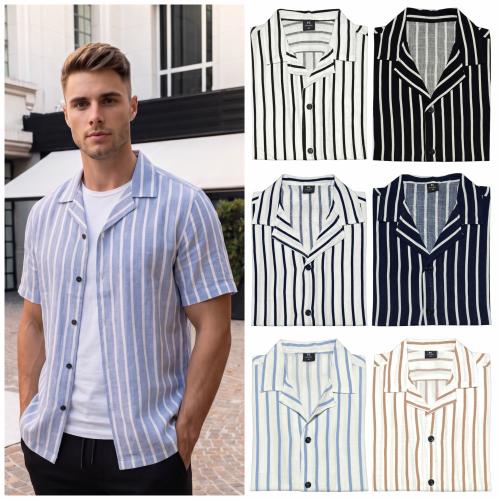 Camisa a Raya Cuello Cubano de Lino Elastizado
