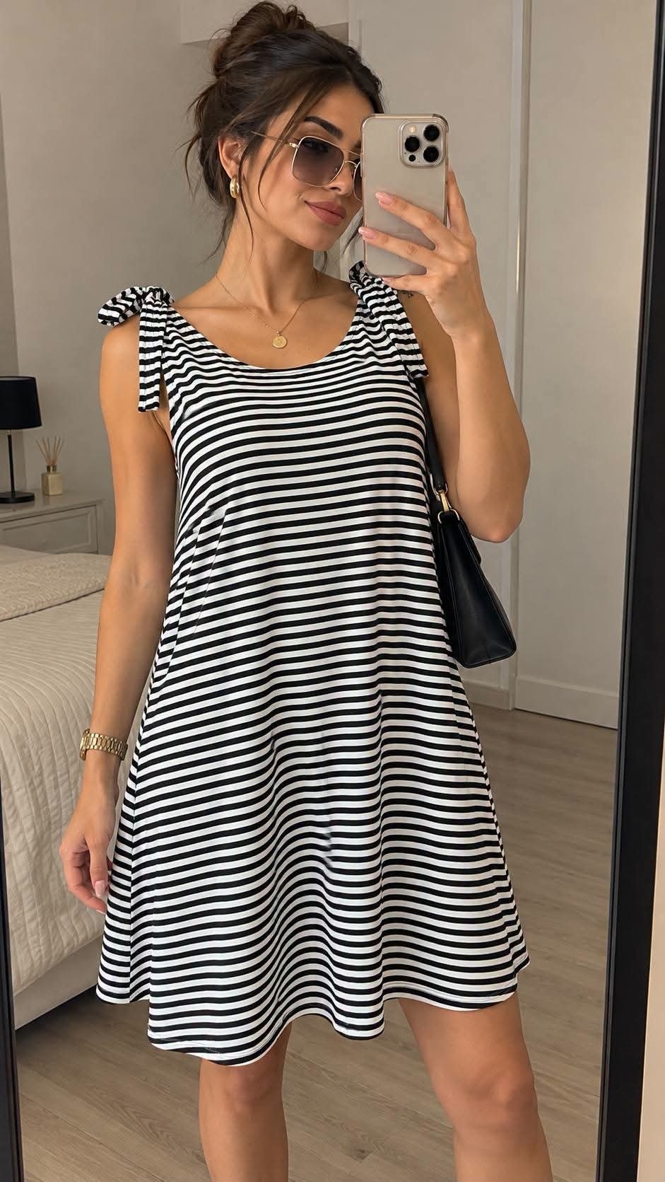 Vestido Rallado con Bolsillo y Nudo - Imagen 3