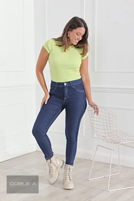 Pantalón Azul Stone Clásico, Tiro Alto