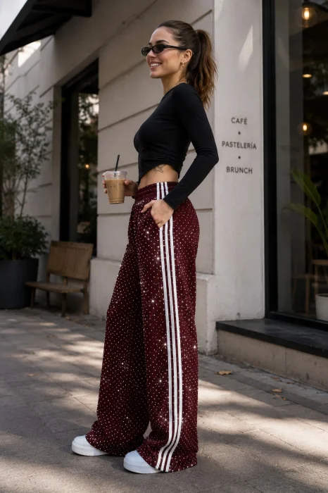 Pantalon Palazo 3 Tiras Darlon Brillo Strass