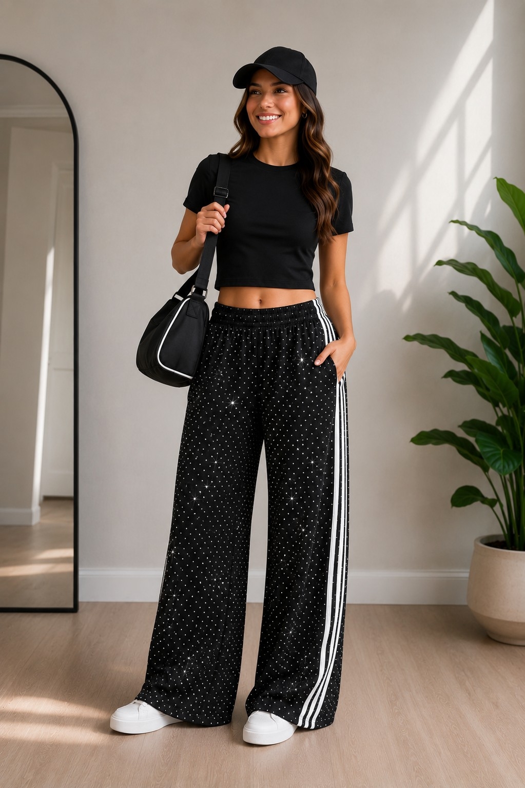 Pantalon Palazo 3 Tiras Darlon Brillo Strass - Imagen 2