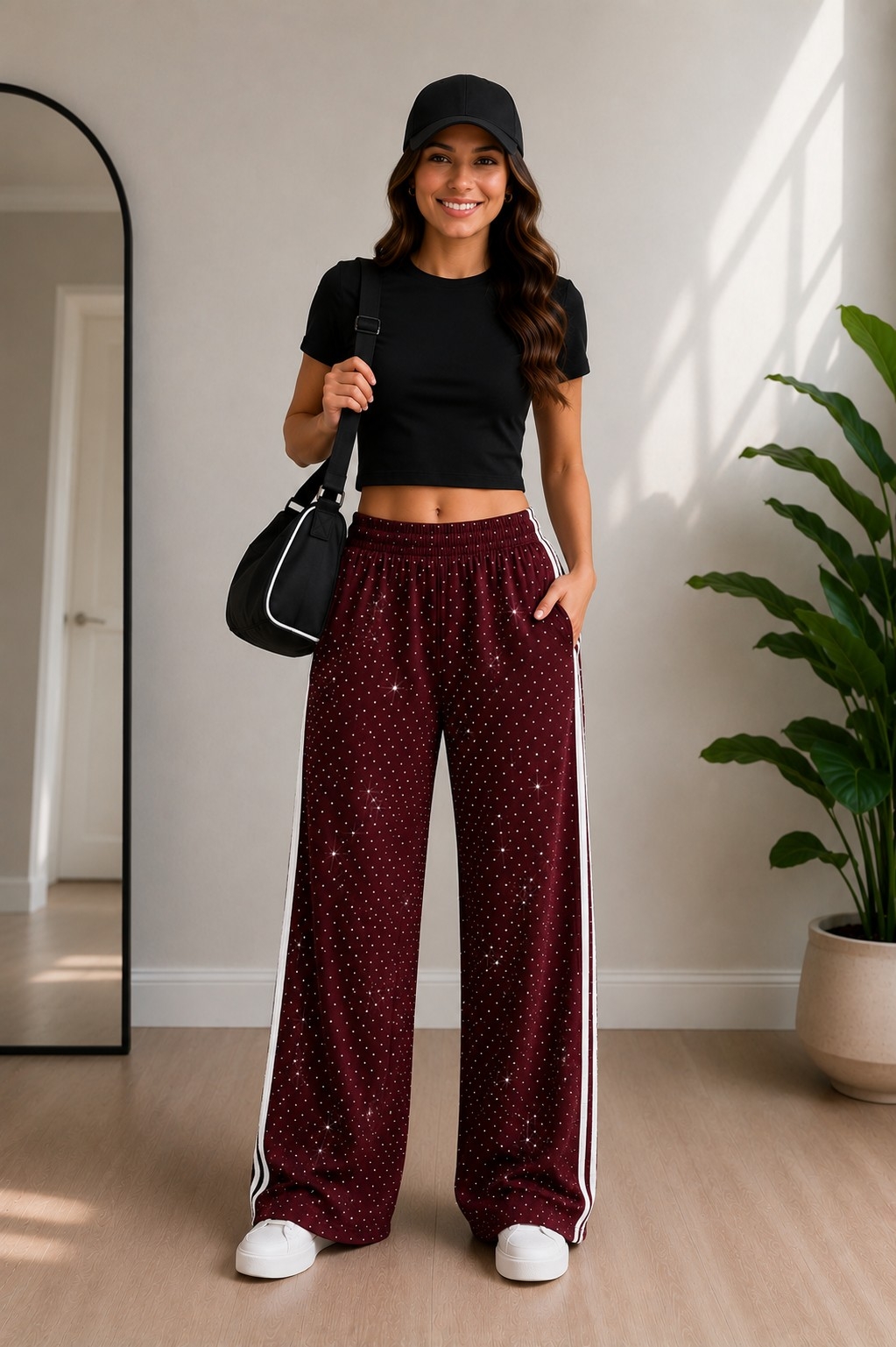 Pantalon Palazo 3 Tiras Darlon Brillo Strass - Imagen 3
