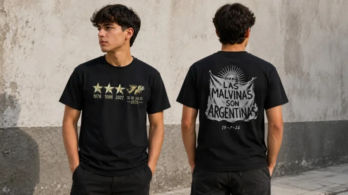 Remera Malvinas Adulto y Talle Especiales Doble Estampa Efecto Bordado.