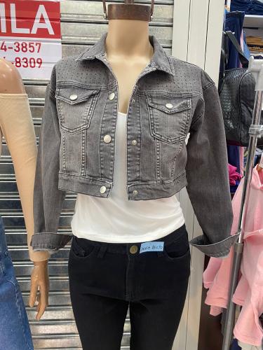 Campera Jean Corta Gris con Strass