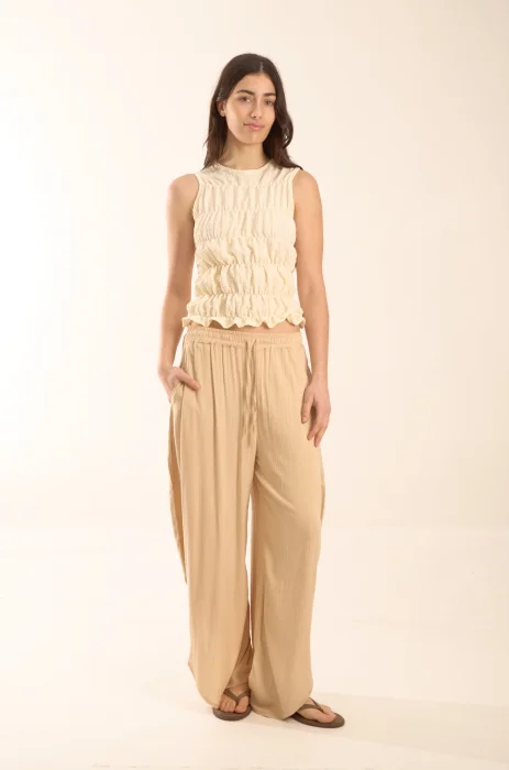 Pantalón Aladín de Lino Tipo Barrel con Elástico, Tiras, Tajos, Bolsillos