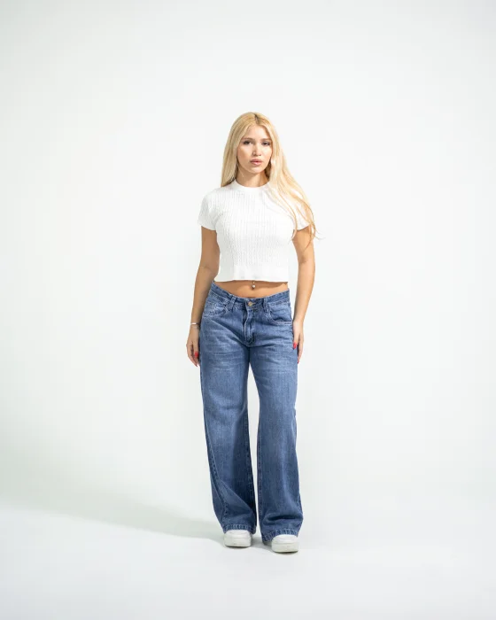 Wide Leg Dama Jeans Rigido Azul Arenado