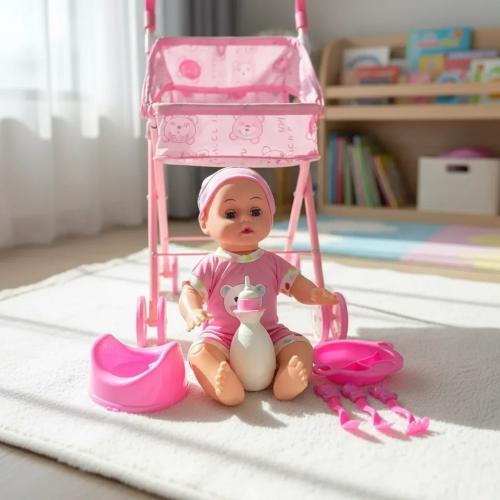 Cochecito Cuna Plegable de Juguete con Muñeca y Accesorios