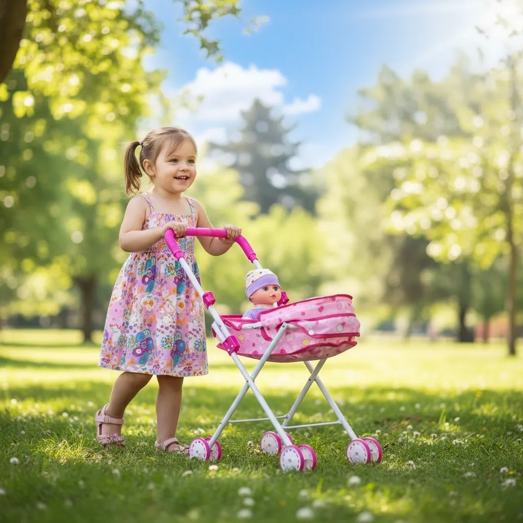 Cochecito Cuna Plegable de Juguete con Muñeca y Accesorios - Imagen 2