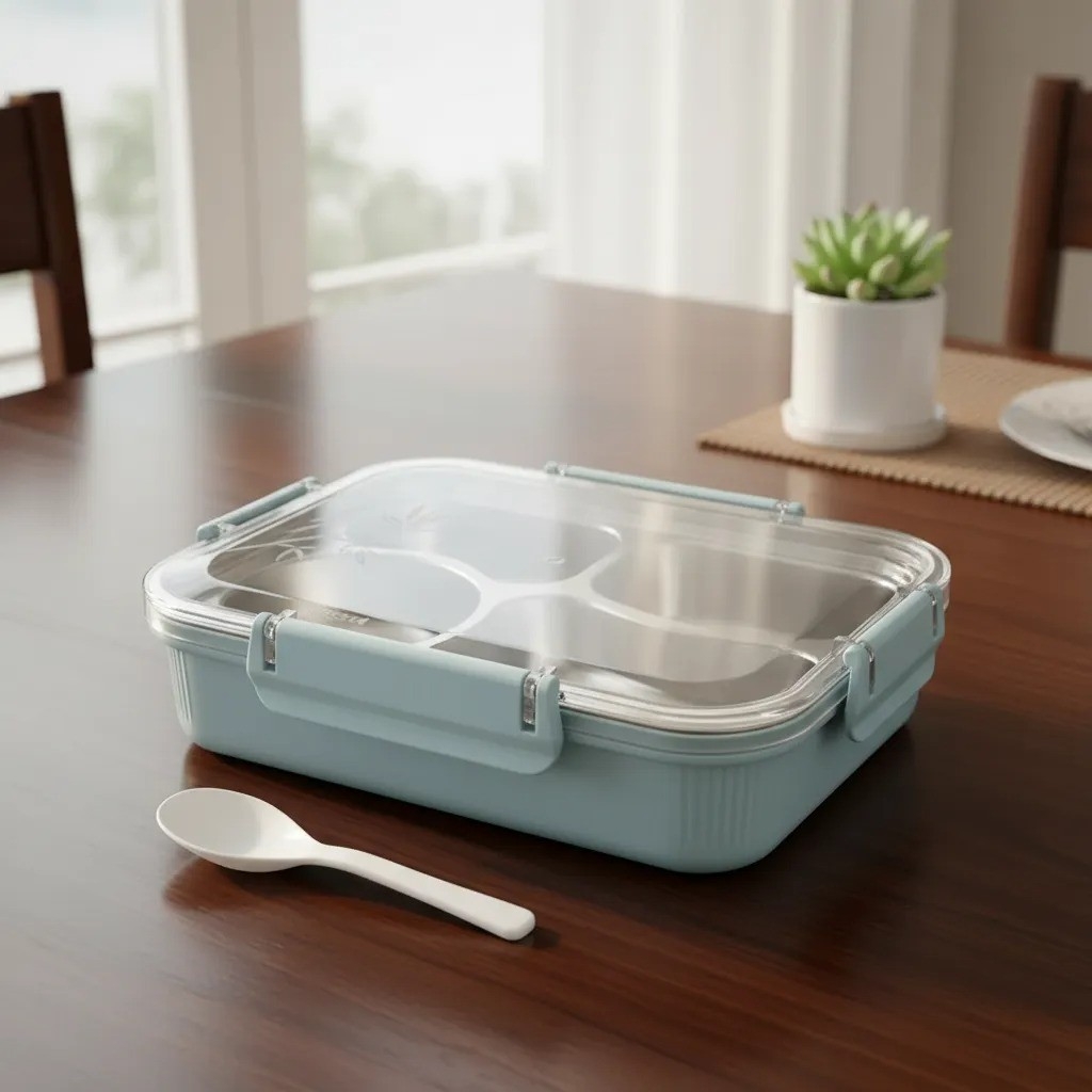 Táper Vianda Lunchera Acero Inoxidable 4 Divisiones Cuchara - Imagen 1