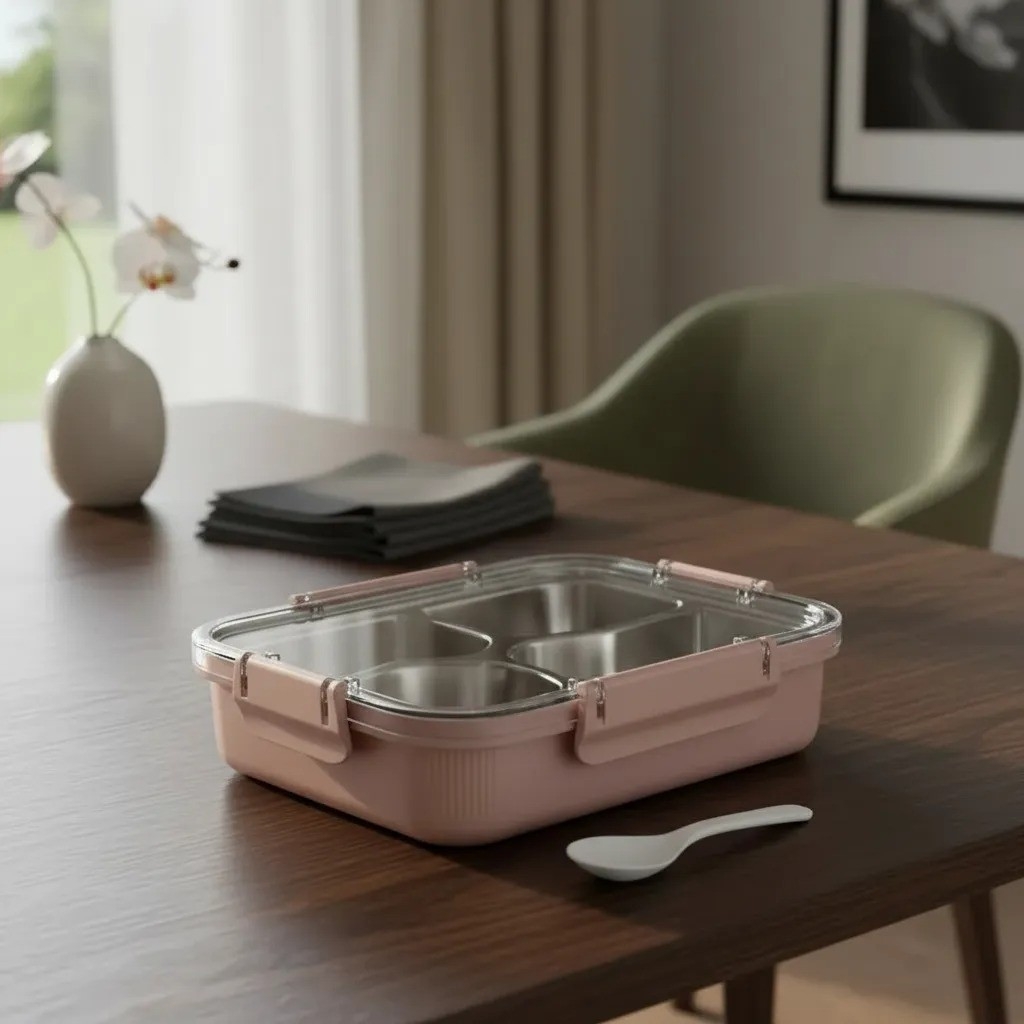 Táper Vianda Lunchera Acero Inoxidable 4 Divisiones Cuchara - Imagen 2