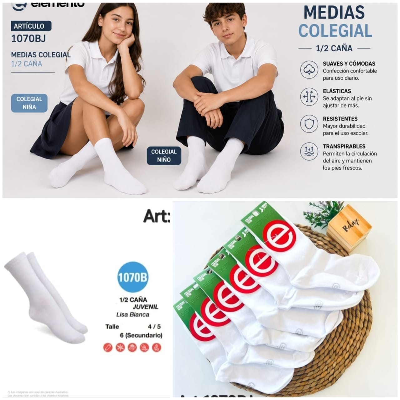 (art:1070bj) Elemento Media Juvenil Colegial 1/2 Caña Unisex Lisas - Imagen 1