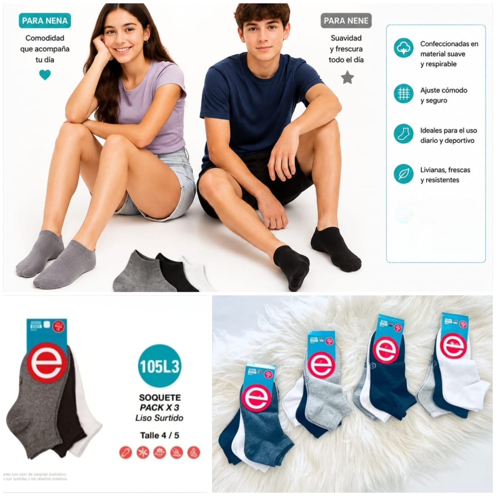 (art:105l.3)elemento Medias Soquete Tripack6 X3 Unisex Lisas - Imagen 1