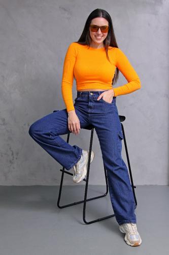 Wide Leg Cargo Azul Stone con Bolsillo Delantero