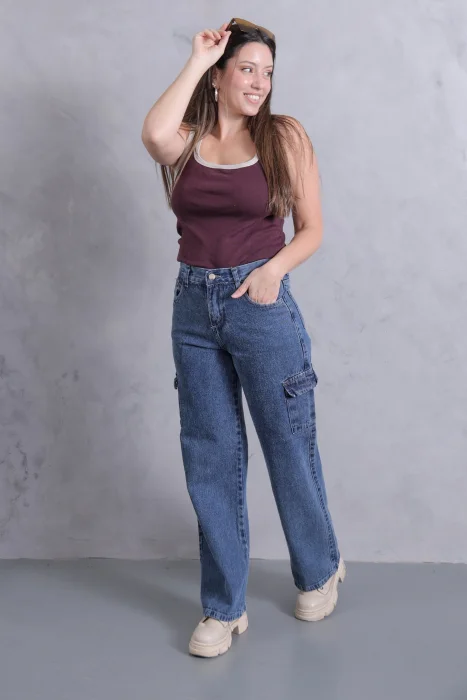 Wide Leg Cargo Nevado con Bolsillo Delantero