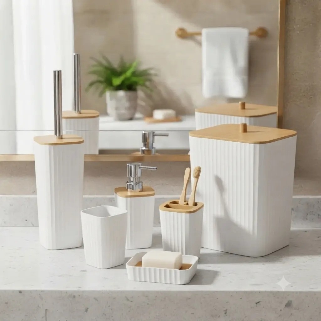 Set de Baño Rayado 6 Piezas Bambu - Imagen 2