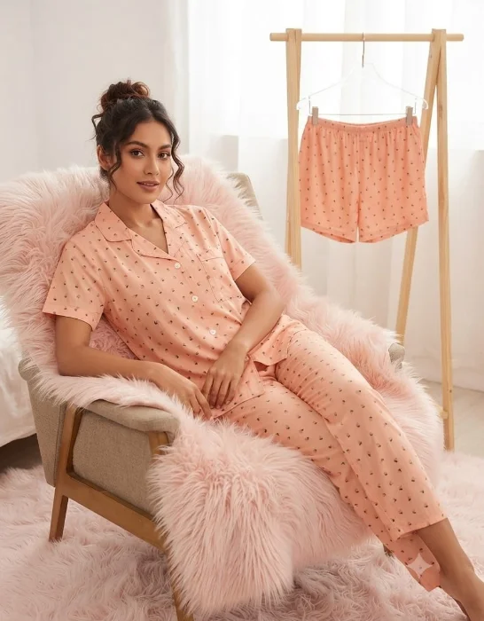 Pijamas    de Dama  Camisero  Estampado 3 Piezas Importado