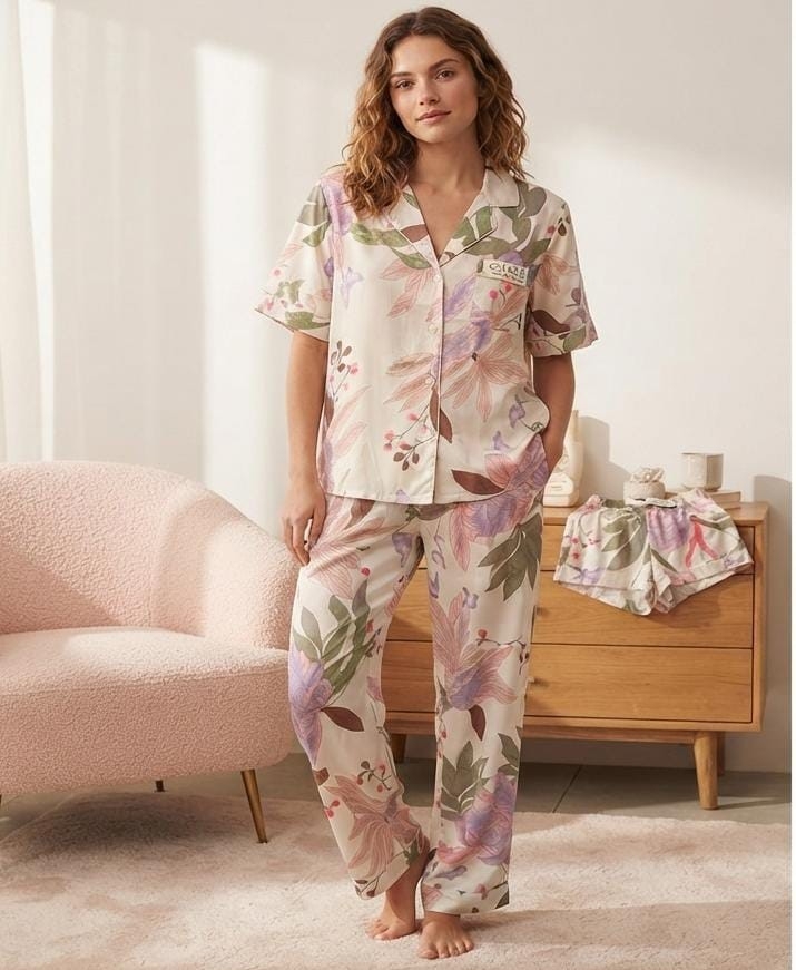 Pijamas    de Dama  Camisero  Estampado 3 Piezas Importado - Imagen 2