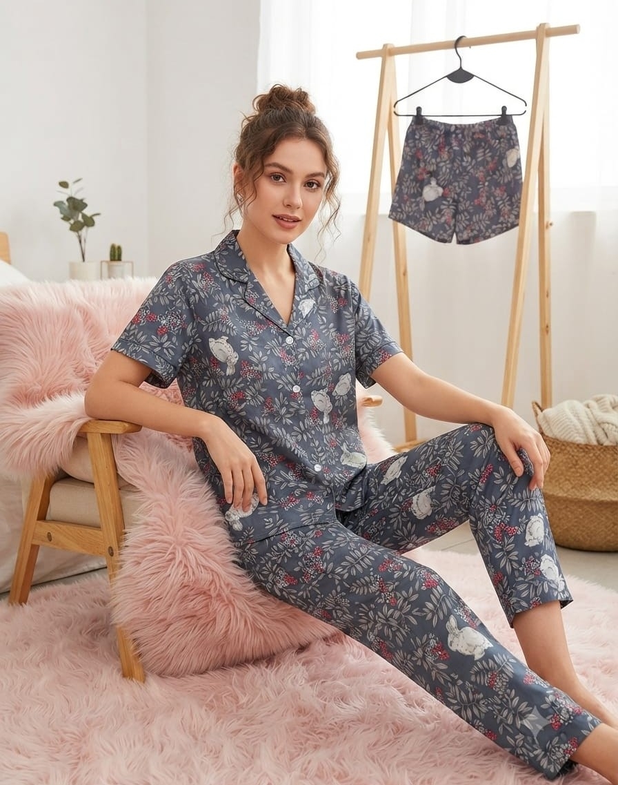 Pijamas    de Dama  Camisero  Estampado 3 Piezas Importado - Imagen 3