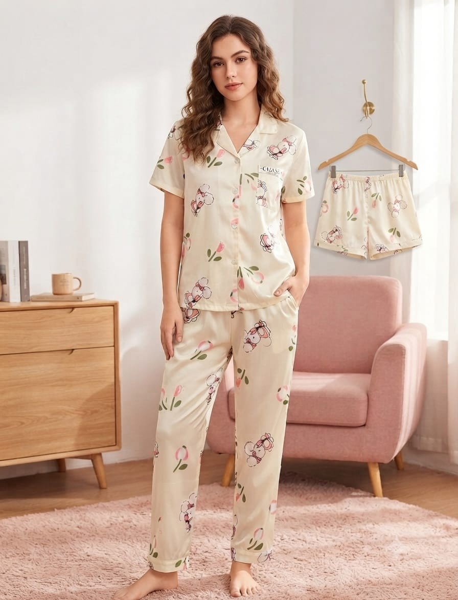 Pijamas    de Dama  Camisero  Estampado 3 Piezas Importado - Imagen 5