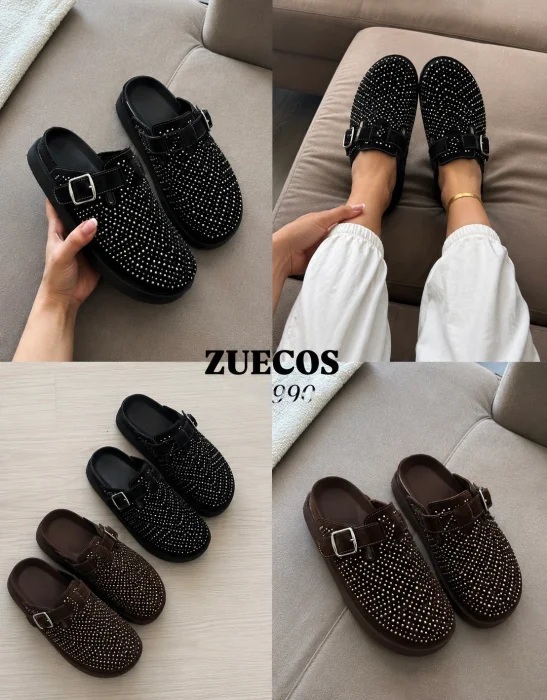 Zuecos Fleco con Adorno Gamuza Liso Tachas Strass Perla